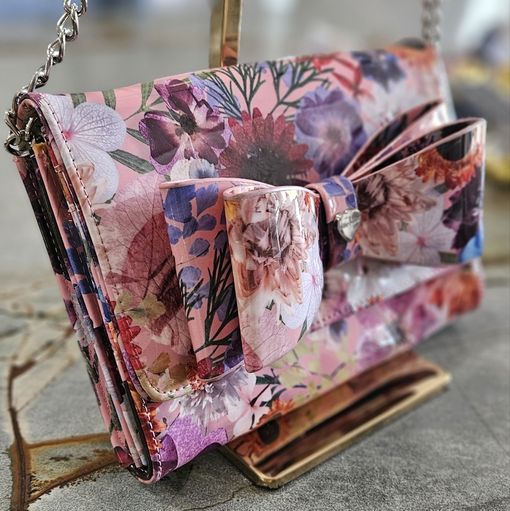 Betsey Johnson Floral Pink Clutch with Bow
